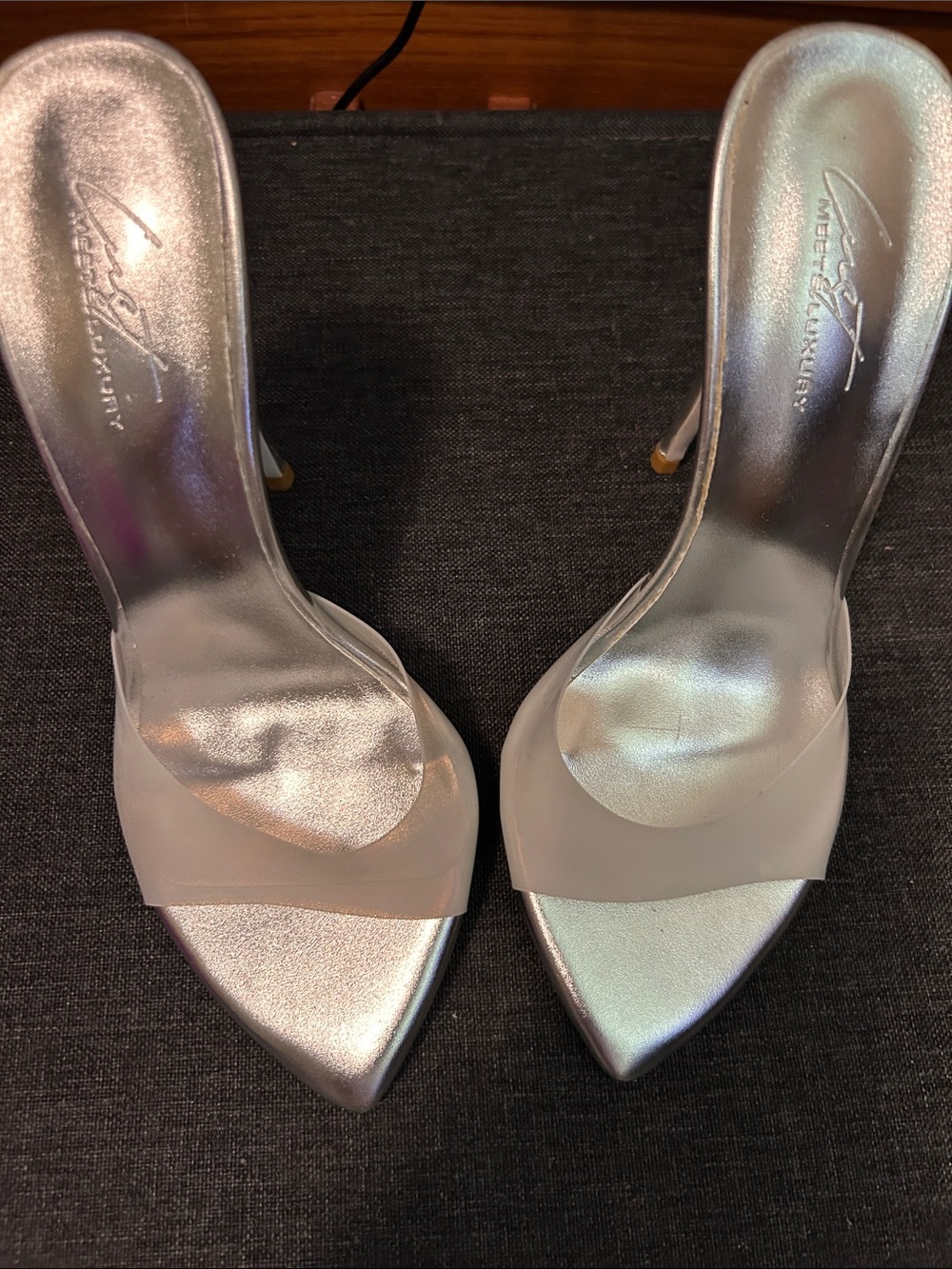 Pointed Silver Mules with Clear Band